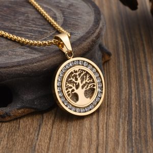 Stainless Steel Zirconia Lucky Tree Round Pendant Necklace 982177420845