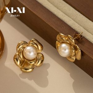 Stainless Steel Flower Pearl Earrings 893538757491
