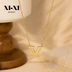 Stainless Steel Rhinestone Letter V Necklace 893592926979