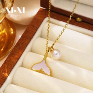 Stainless Steel Mother of Pearl Fishtail Necklace 822948372006