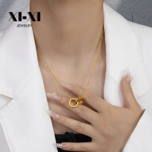 Stainless Steel Rhinestone Double Ring Necklace 857225386139
