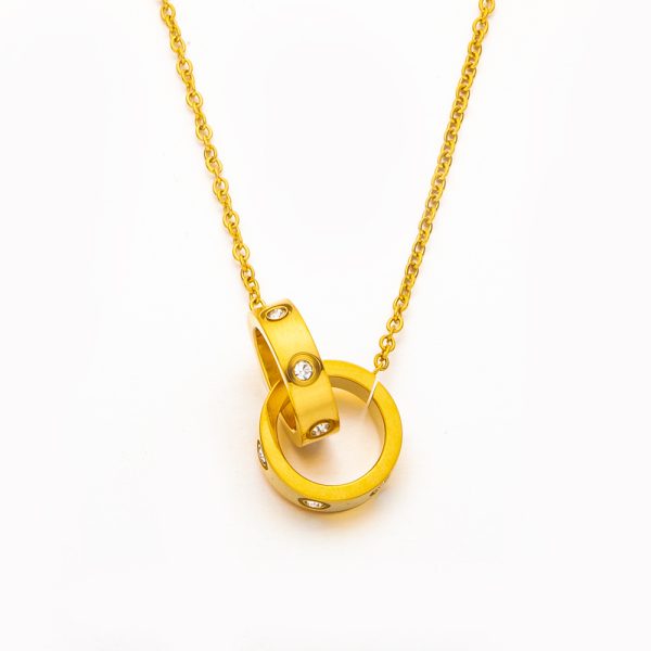 Stainless Steel Zirconia Double Ring Necklace 982105409844