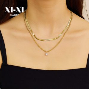 Stainless Steel Zirconia Double Layer Necklace 754852880311